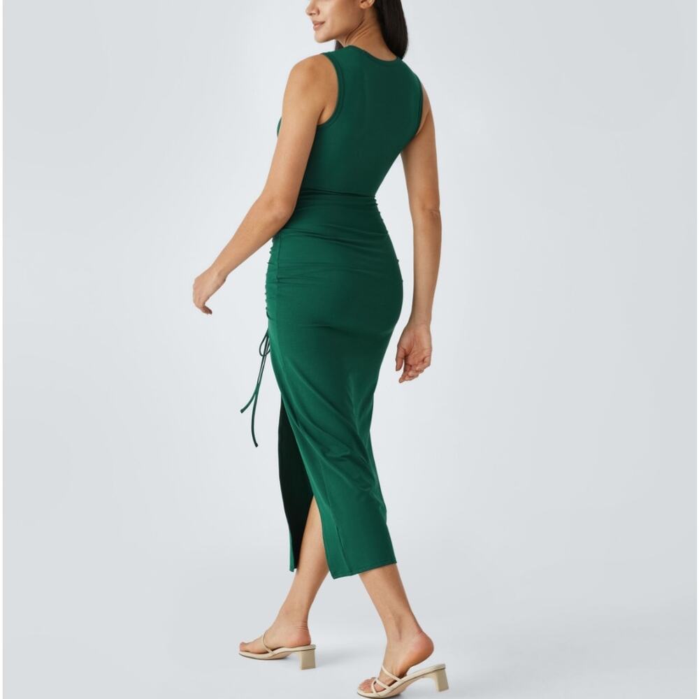 Sz Sm HALARA Green Round Neck Cut Out Ruched Drawstring Hem Bodycon Maxi Dress - Picture 3 of 8